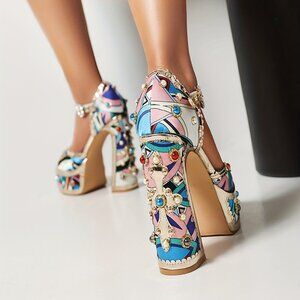 Women's Floral Rhinestone Embellished Block Heel Sandals